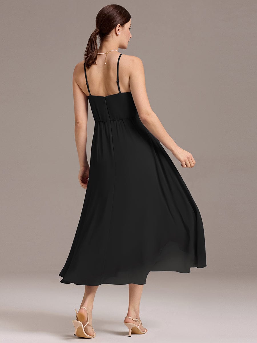 Asymmetrical Hem Strappy Chiffon A-Line Backless Bridesmaid Dress #color_Black