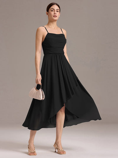 Asymmetrical Hem Strappy Chiffon A-Line Backless Bridesmaid Dress #color_Black
