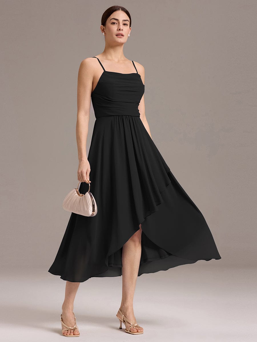 Asymmetrical Hem Strappy Chiffon A-Line Backless Bridesmaid Dress #color_Black