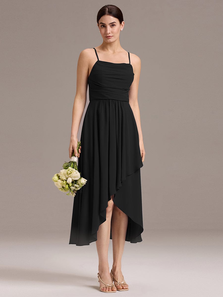 Asymmetrical Hem Strappy Chiffon A-Line Backless Bridesmaid Dress #color_Black