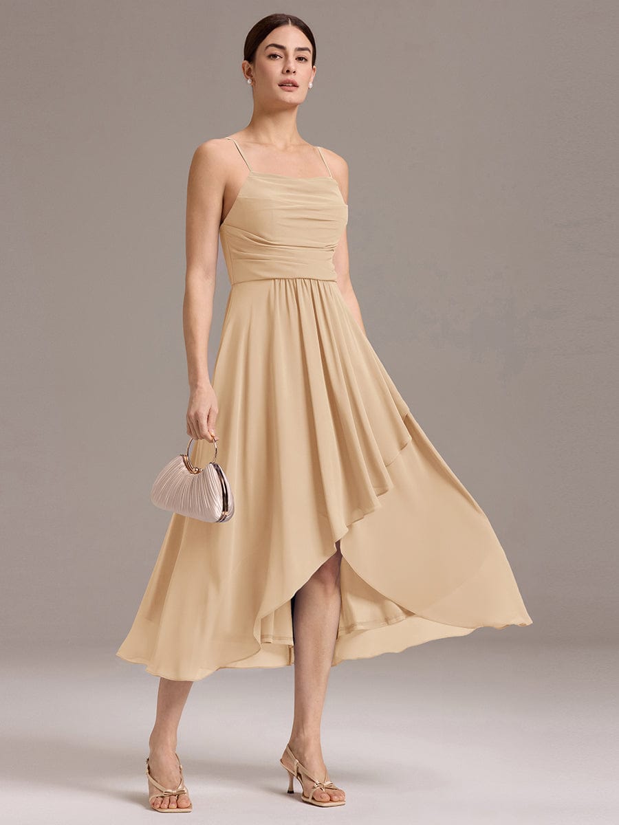 Asymmetrical Hem Strappy Chiffon A-Line Backless Bridesmaid Dress #color_Champagne