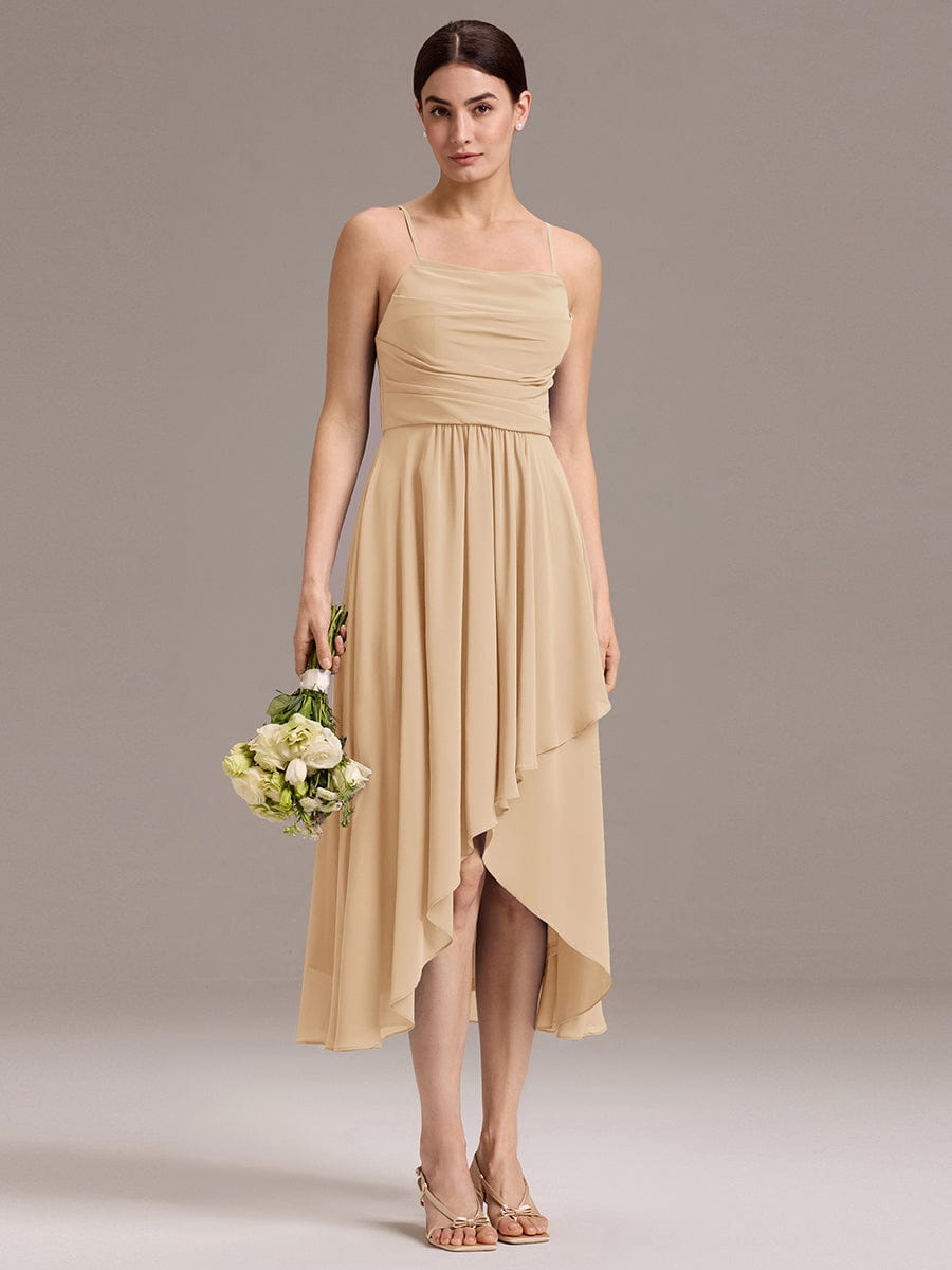 Asymmetrical Hem Strappy Chiffon A-Line Backless Bridesmaid Dress #color_Champagne