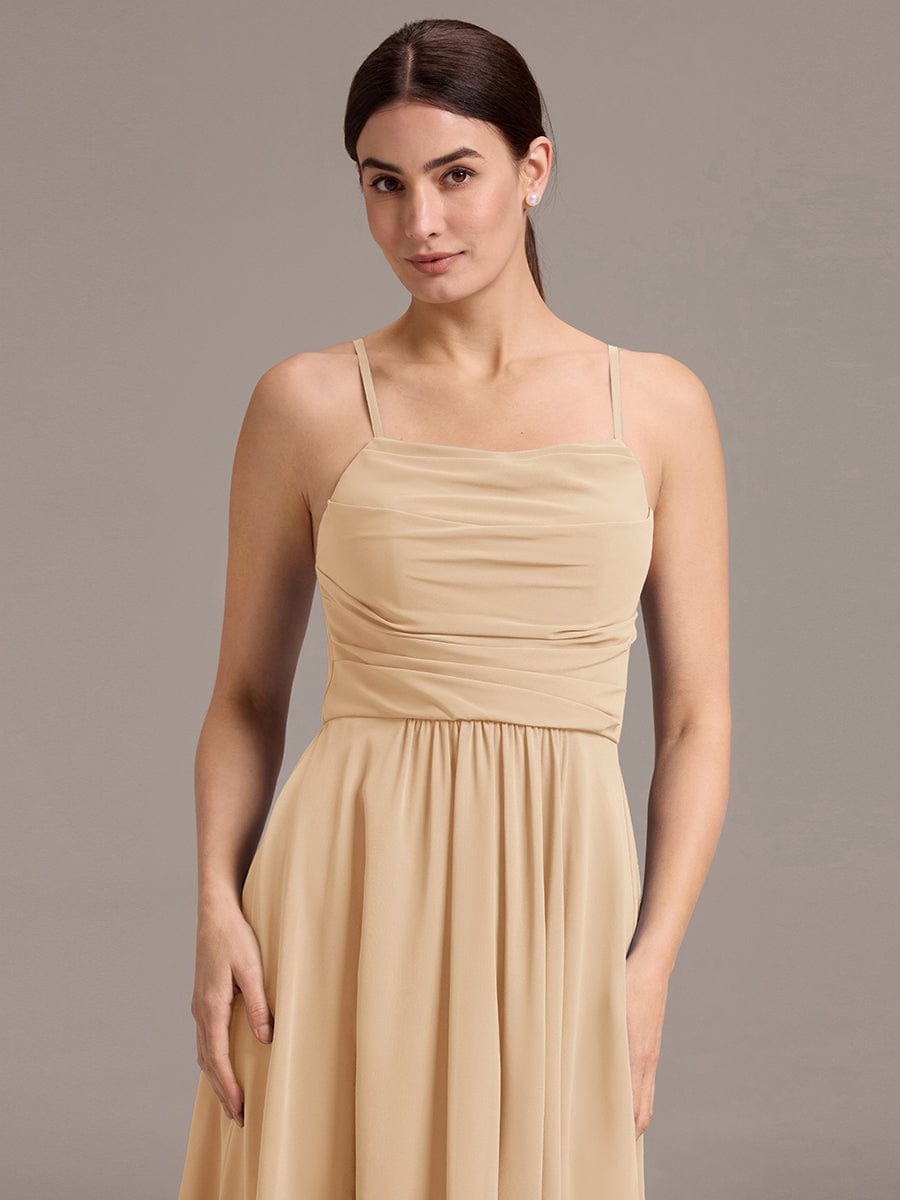 Asymmetrical Hem Strappy Chiffon A-Line Backless Bridesmaid Dress #color_Champagne