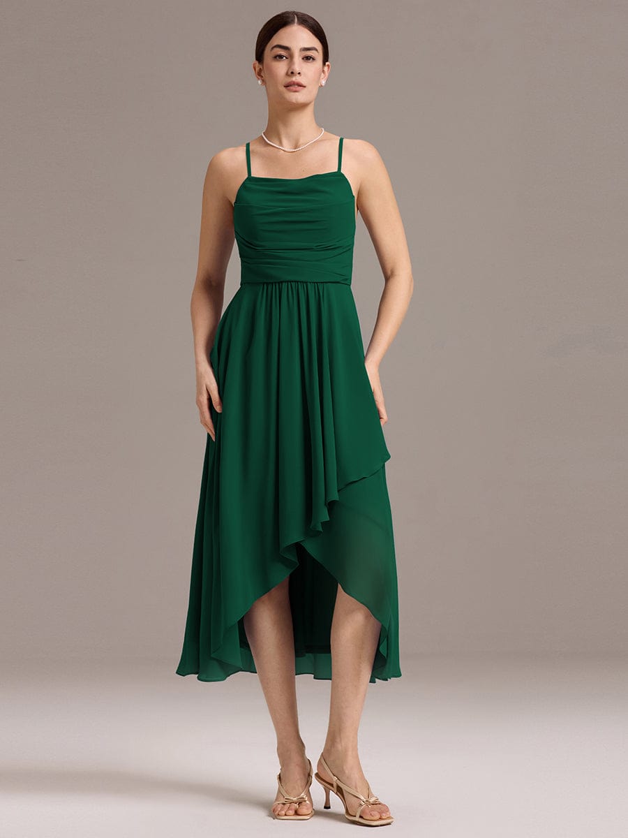 Asymmetrical Hem Strappy Chiffon A-Line Backless Bridesmaid Dress #color_Dark Green