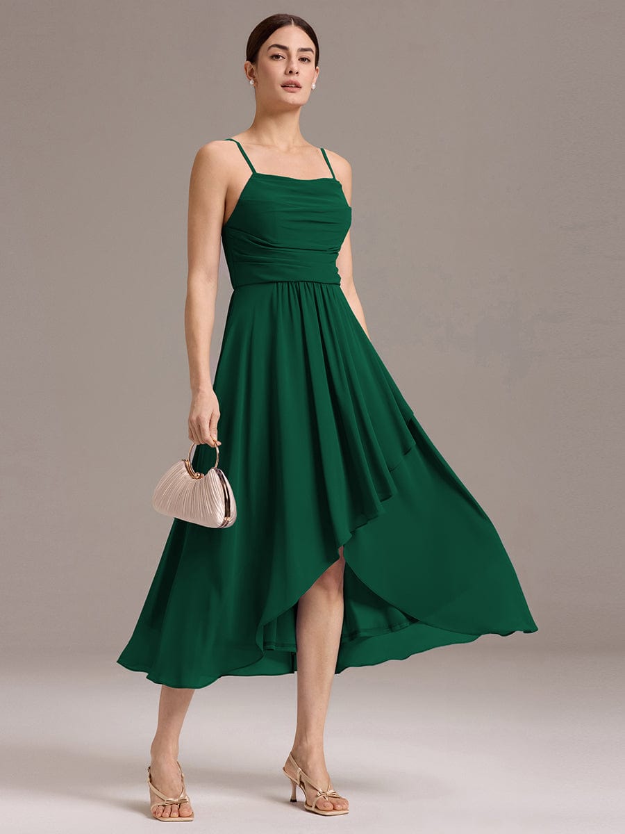 Asymmetrical Hem Strappy Chiffon A-Line Backless Bridesmaid Dress #color_Dark Green