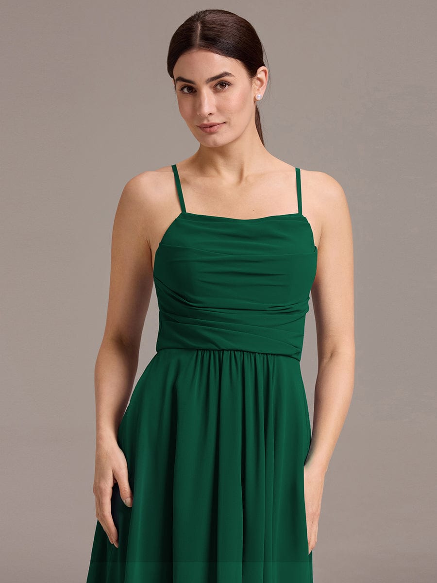 Asymmetrical Hem Strappy Chiffon A-Line Backless Bridesmaid Dress #color_Dark Green