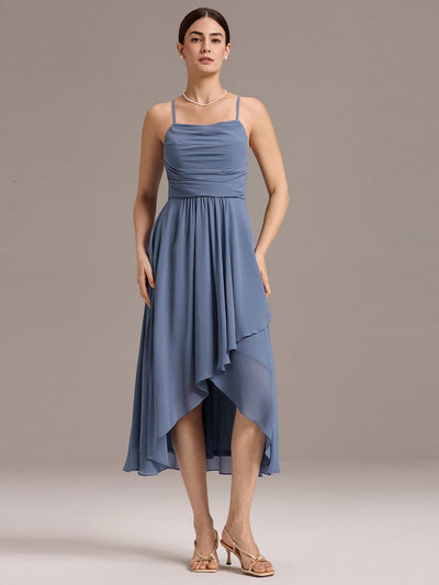 Asymmetrical Hem Strappy Chiffon A-Line Backless Bridesmaid Dress #color_Dusty Blue