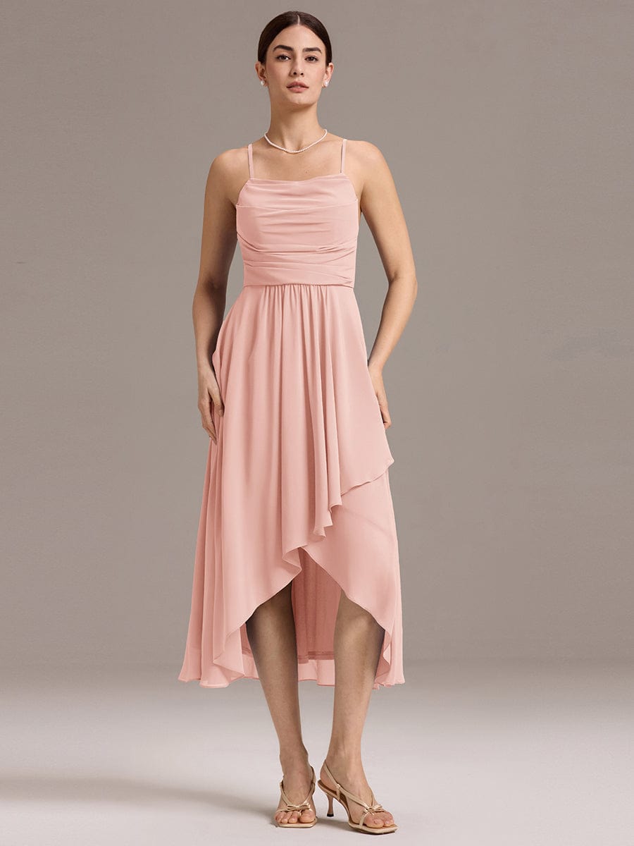Asymmetrical Hem Strappy Chiffon A-Line Backless Bridesmaid Dress #color_Pink