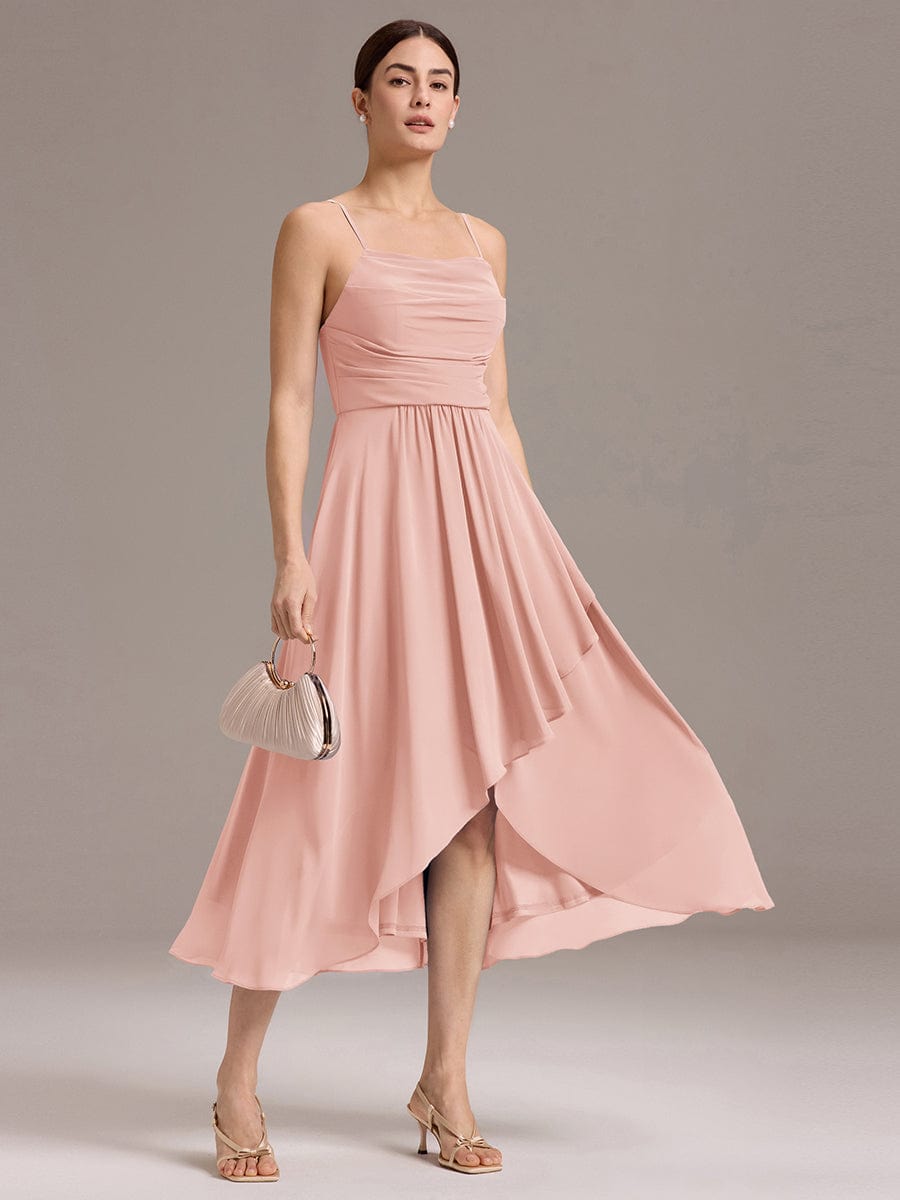 Asymmetrical Hem Strappy Chiffon A-Line Backless Bridesmaid Dress #color_Pink