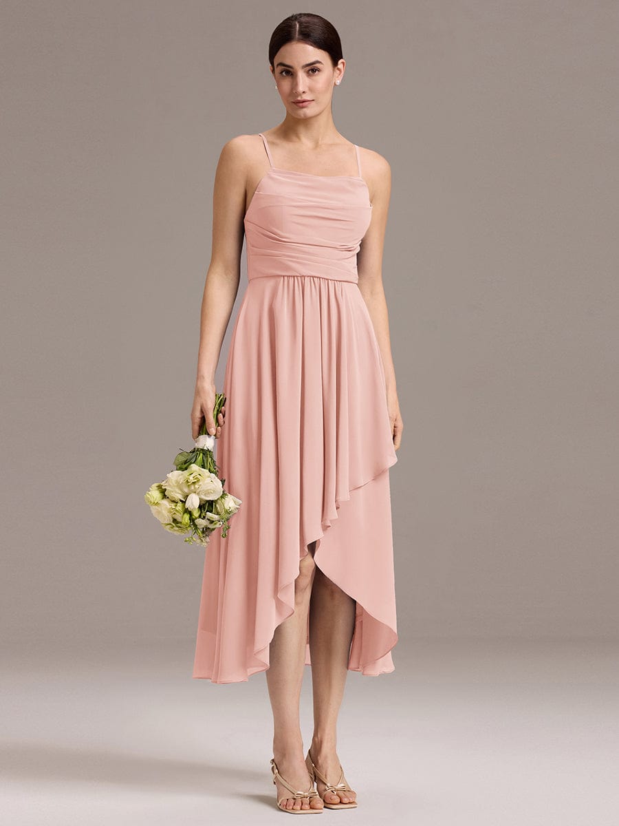 Asymmetrical Hem Strappy Chiffon A-Line Backless Bridesmaid Dress #color_Pink