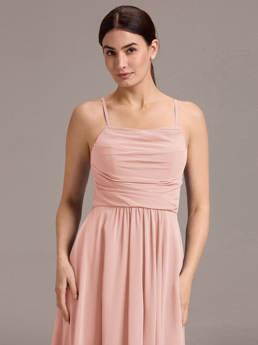 Asymmetrical Hem Strappy Chiffon A-Line Backless Bridesmaid Dress #color_Pink