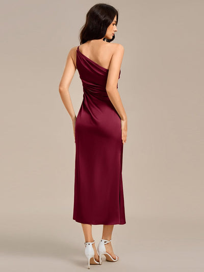 Satin One Shoulder Ruched Side Split Mermaid Bridesmaid Dresses #color_Burgundy