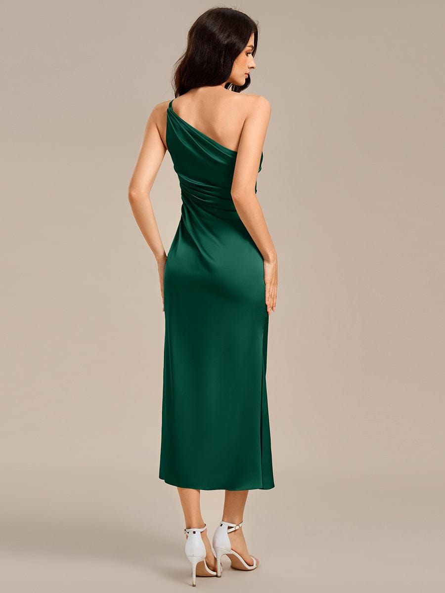 Satin One Shoulder Ruched Side Split Mermaid Bridesmaid Dresses #color_Dark Green