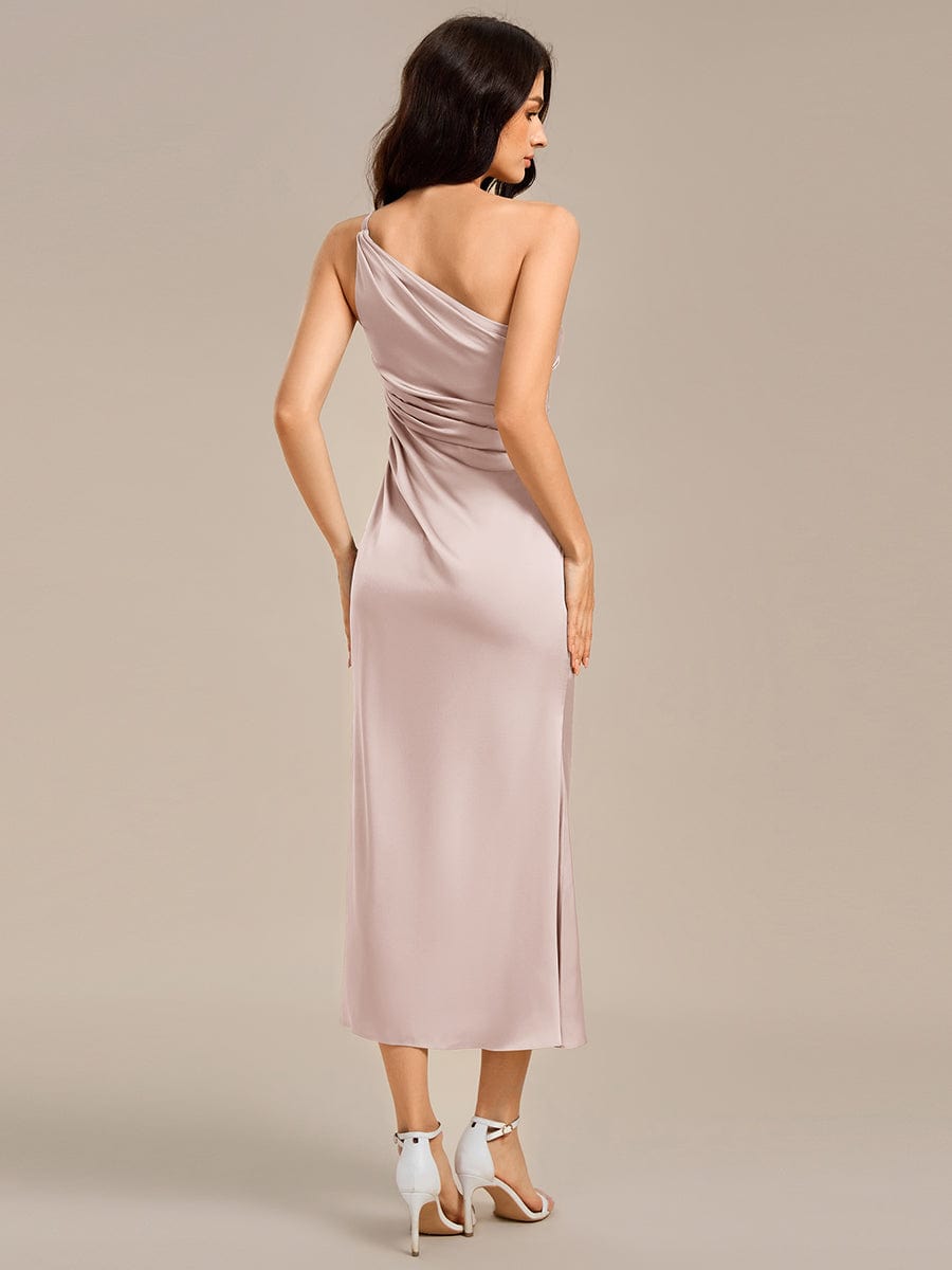 Satin One Shoulder Ruched Side Split Mermaid Bridesmaid Dresses #color_Pink