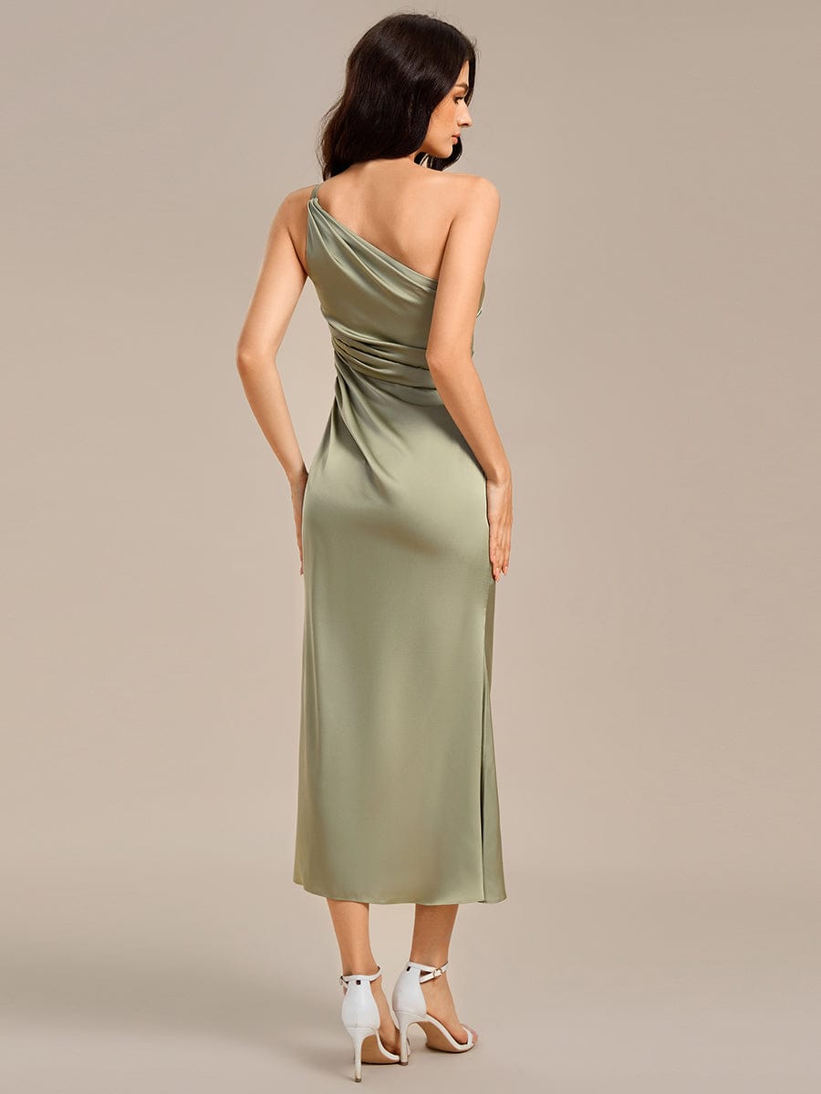 Satin One Shoulder Ruched Side Split Mermaid Bridesmaid Dresses #color_Sage Green