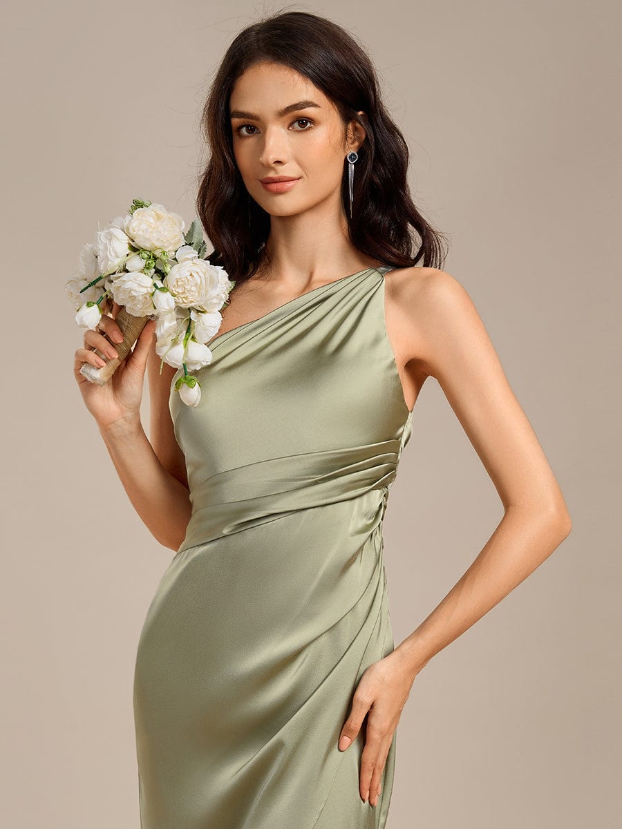 Satin One Shoulder Ruched Side Split Mermaid Bridesmaid Dresses #color_Sage Green
