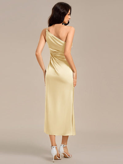 Satin One Shoulder Ruched Side Split Mermaid Bridesmaid Dresses #color_Yellow