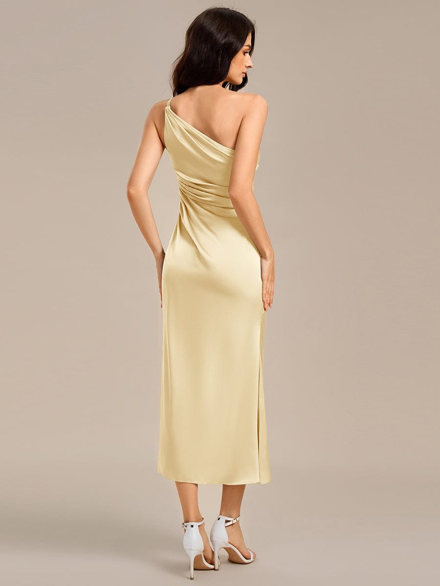 Satin One Shoulder Ruched Side Split Mermaid Bridesmaid Dresses #color_Yellow