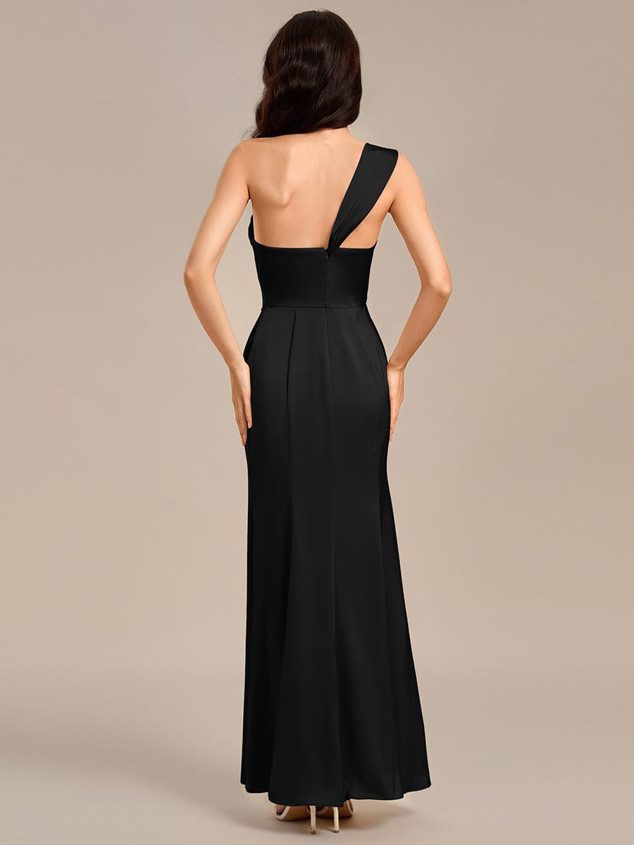 Satin One Shoulder Side Split Maxi Mermaid  Bridesmaid Dresses #color_Black