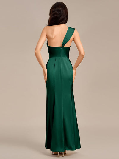 Satin One Shoulder Side Split Maxi Mermaid  Bridesmaid Dresses #color_Dark Green