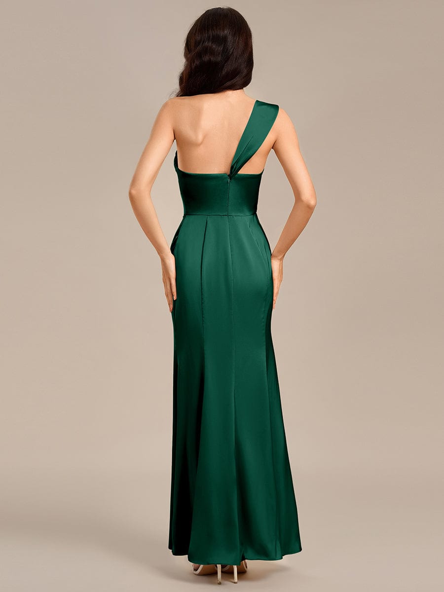 Satin One Shoulder Side Split Maxi Mermaid  Bridesmaid Dresses #color_Dark Green