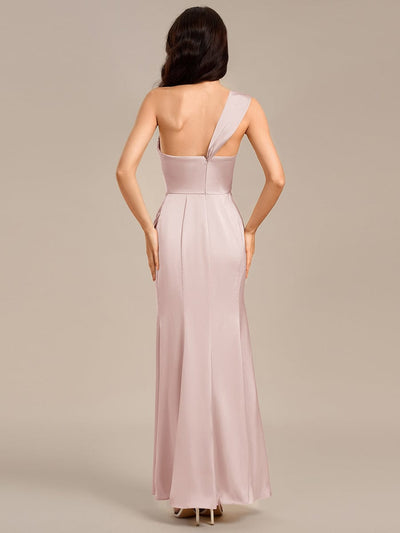 Satin One Shoulder Side Split Maxi Mermaid  Bridesmaid Dresses #color_Pink