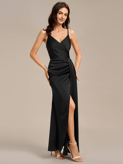 Satin Spaghetti Strap Maxi Mermaid Bridesmaid Dress #color_Black