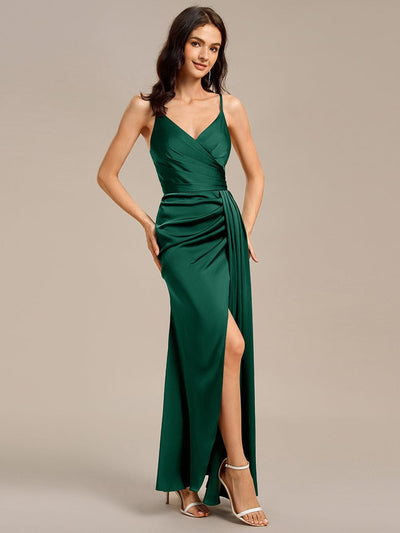 Satin Spaghetti Strap Maxi Mermaid Bridesmaid Dress #color_Dark Green