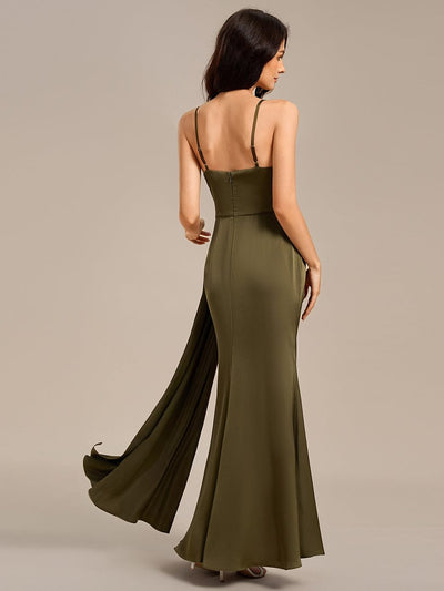Satin Spaghetti Strap Maxi Mermaid Bridesmaid Dress #color_Olive Green