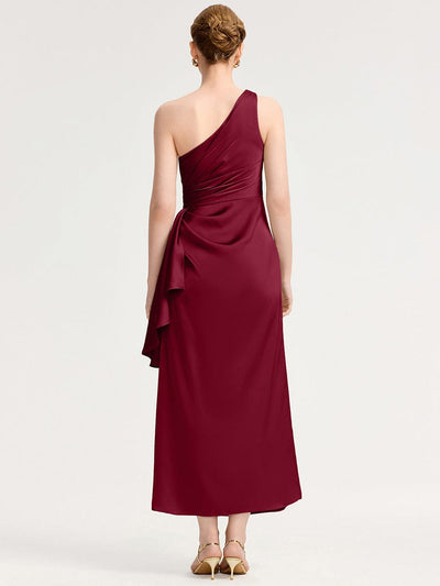 One Shoulder Satin Bridesmaid Dress #color_Burgundy
