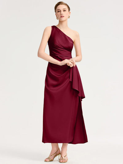 One Shoulder Satin Bridesmaid Dress #color_Burgundy
