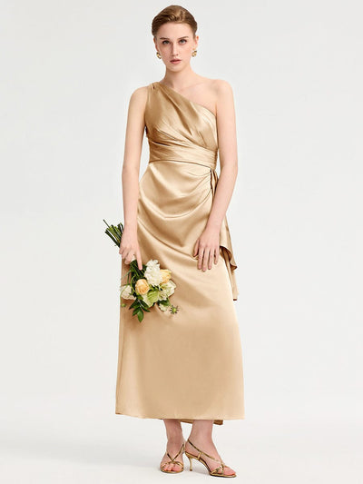 One Shoulder Satin Bridesmaid Dress #color_Champagne