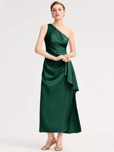 One Shoulder Satin Bridesmaid Dress #color_Dark Green