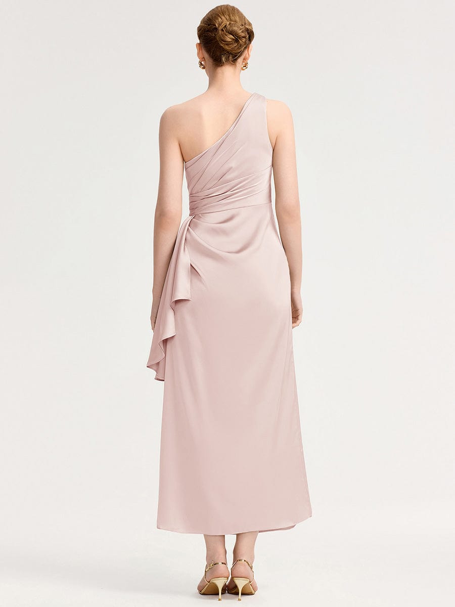 One Shoulder Satin Bridesmaid Dress #color_Pink