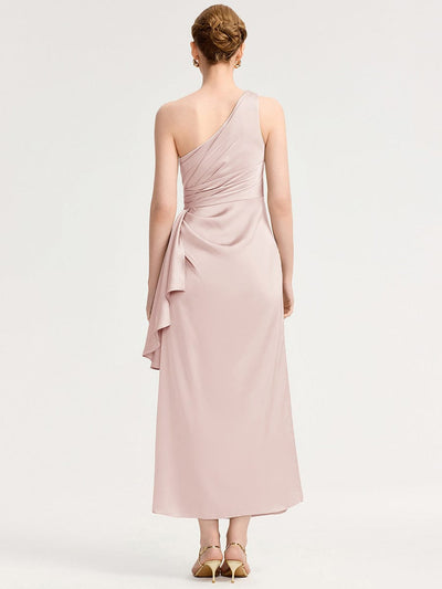 One Shoulder Satin Bridesmaid Dress #color_Pink