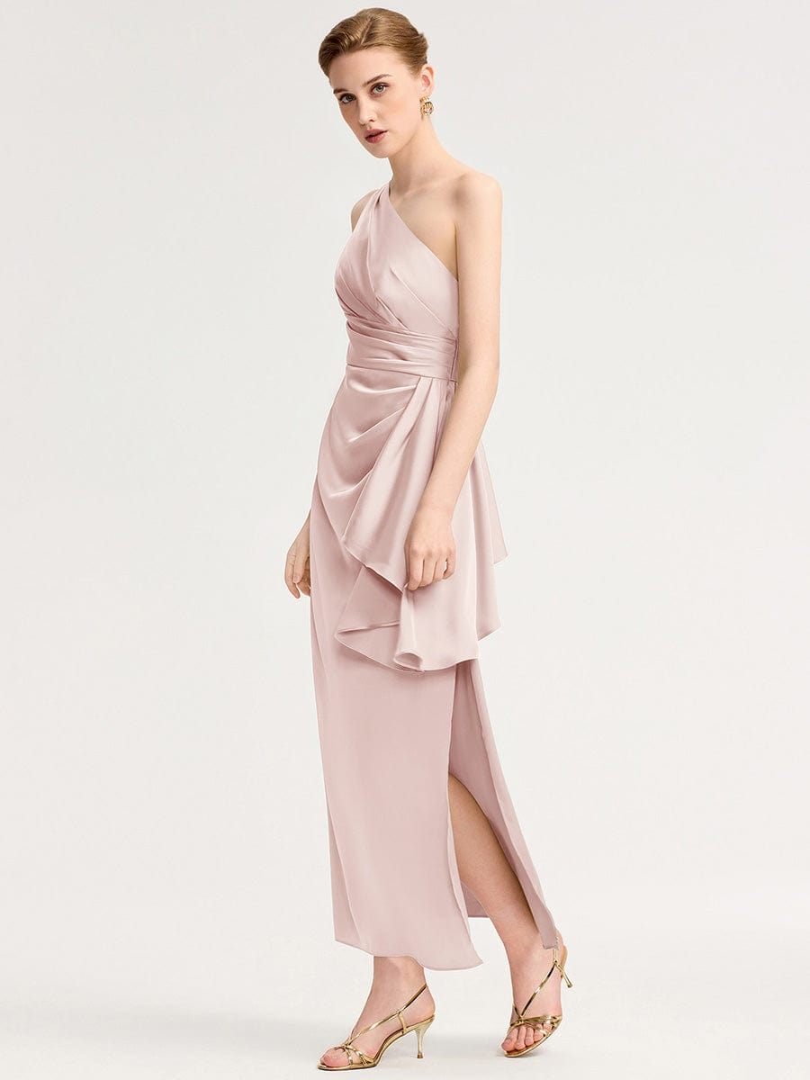 One Shoulder Satin Bridesmaid Dress #color_Pink