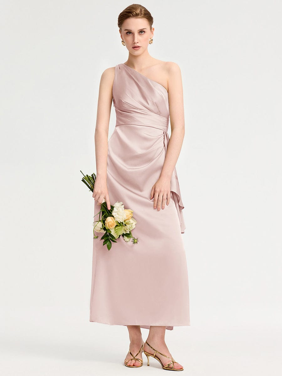 One Shoulder Satin Bridesmaid Dress #color_Pink