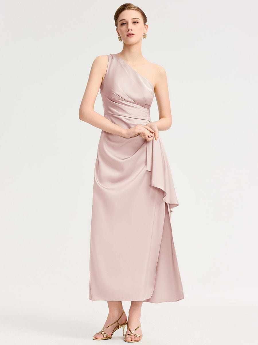 One Shoulder Satin Bridesmaid Dress #color_Pink