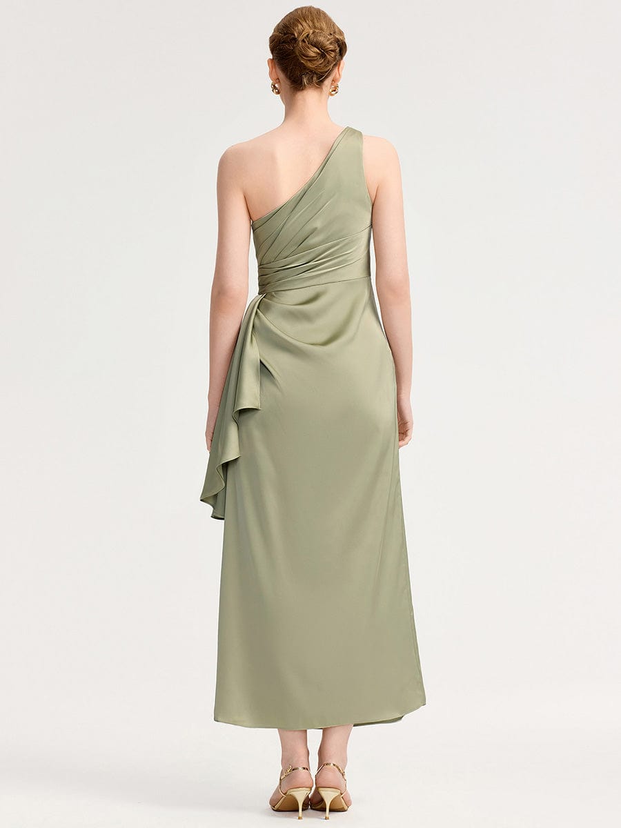 One Shoulder Satin Bridesmaid Dress #color_Sage Green