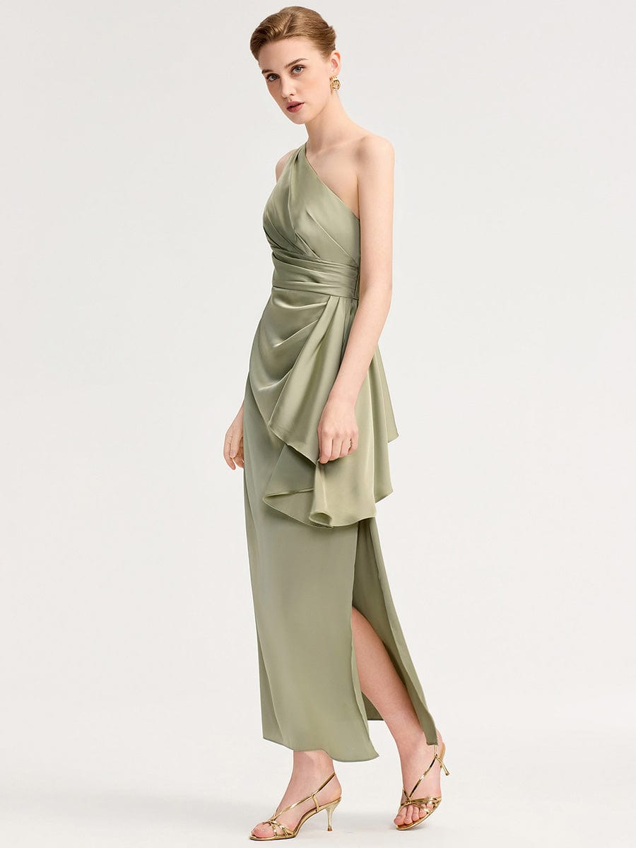 One Shoulder Satin Bridesmaid Dress #color_Sage Green