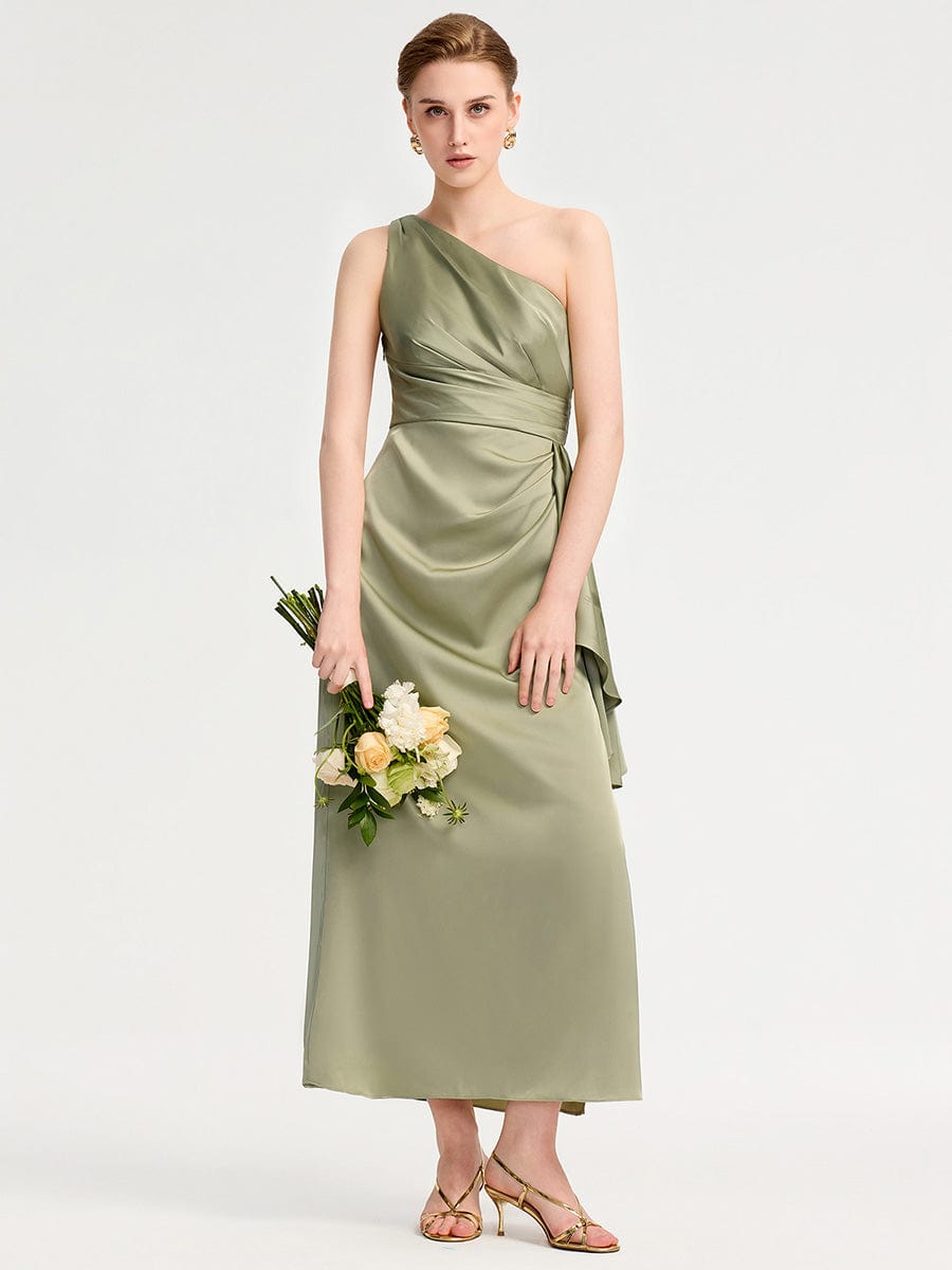 One Shoulder Satin Bridesmaid Dress #color_Sage Green
