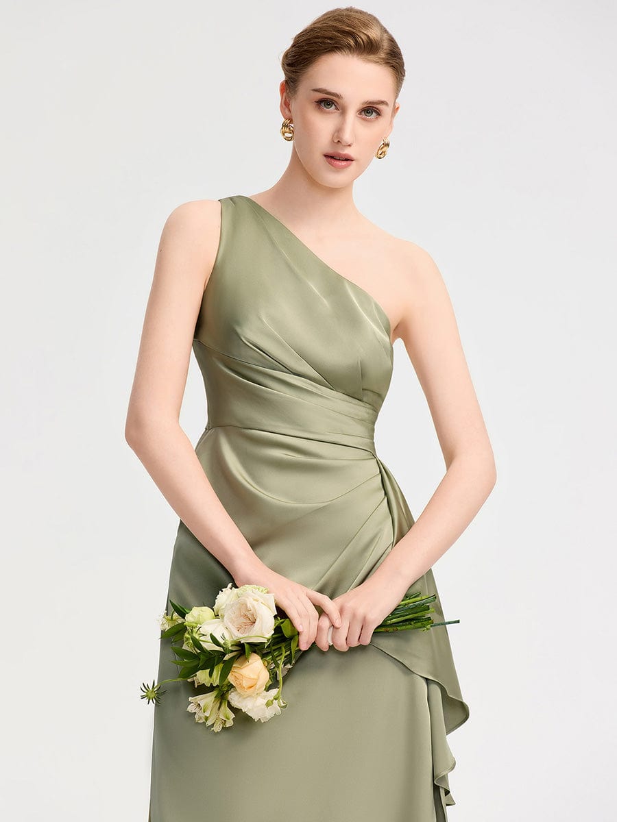 One Shoulder Satin Bridesmaid Dress #color_Sage Green