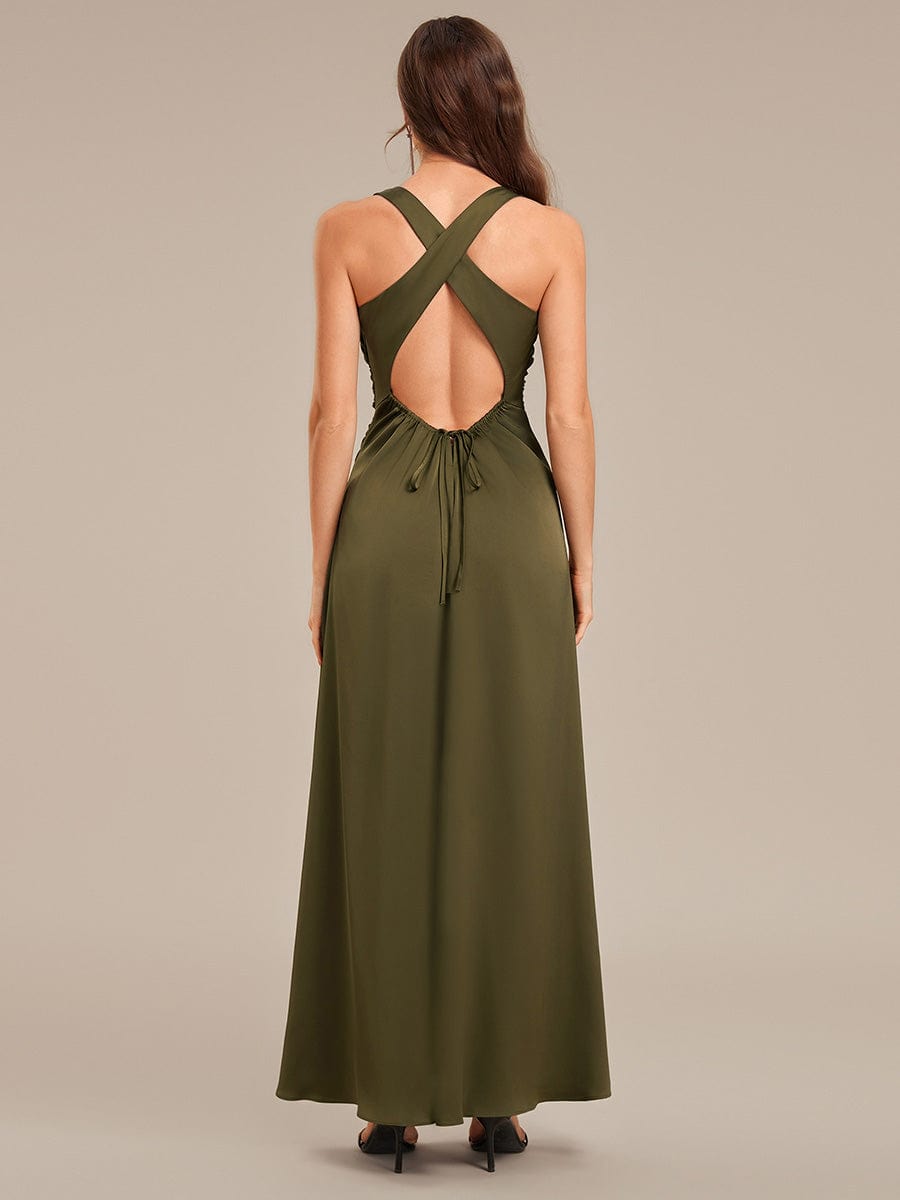 Backless Satin Sleeveless Bridesmaid Dress #color_Olive Green