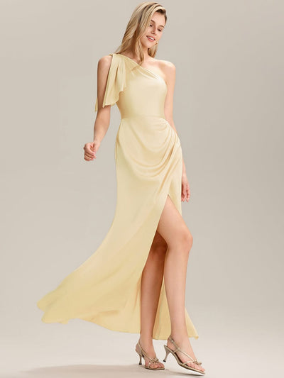 Flowing Ribbons Satin Sleeveless Bridesmaid Dress #color_Yellow