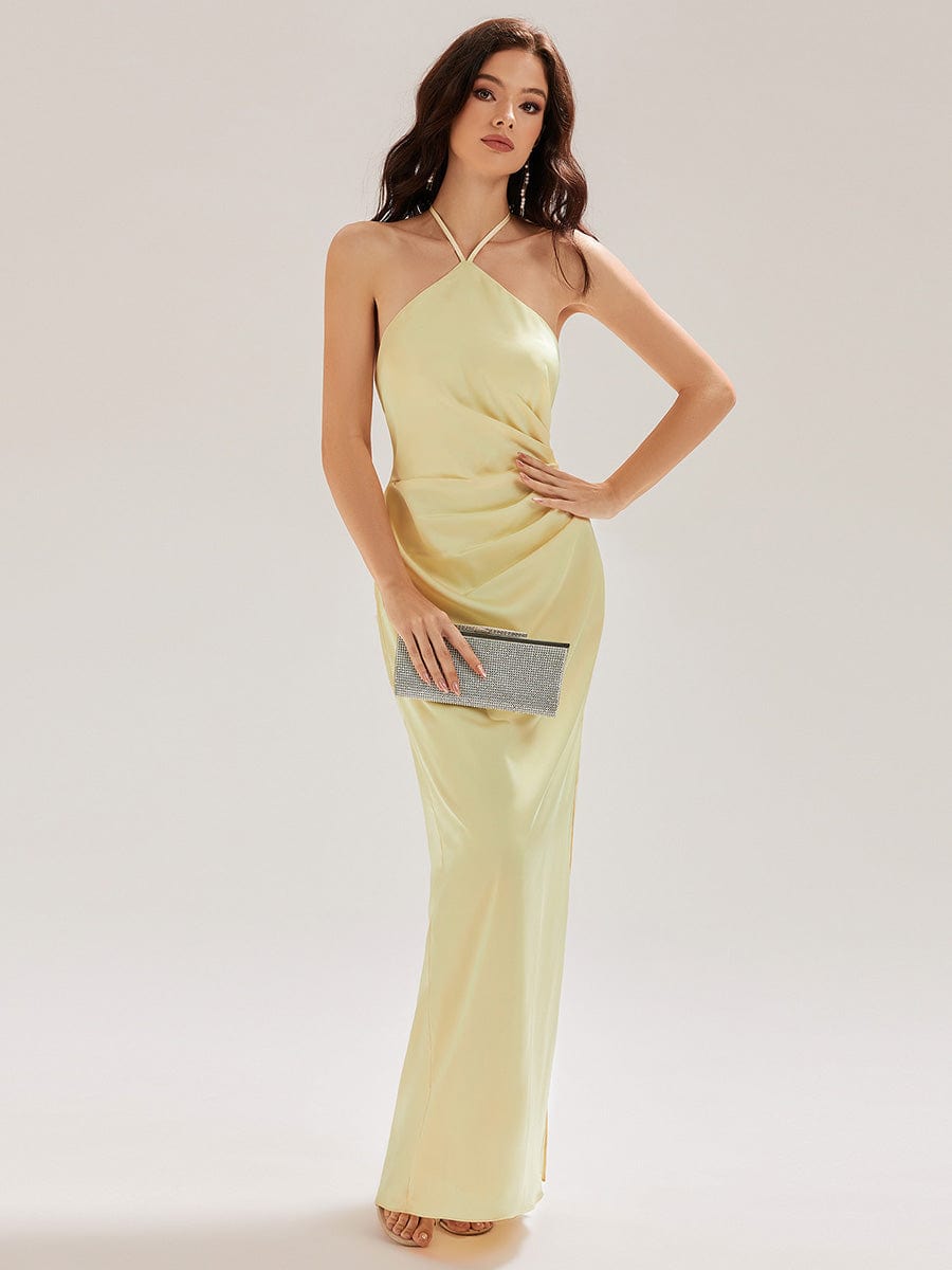 gold satin mermaid dress Halter Backless Maxi Bridesmaid with 3D Flower Detail Edit:Reception