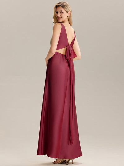 Tie Knot Satin Sleeveless Bridesmaid Dress #color_Burgundy