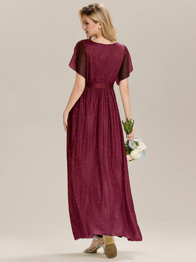 Tie-Waist Diamond Linen Ruffle Sleeve Bridesmaid Dress #color_Burgundy