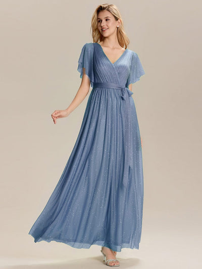 Tie-Waist Diamond Linen Ruffle Sleeve Bridesmaid Dress #color_Dusty Blue