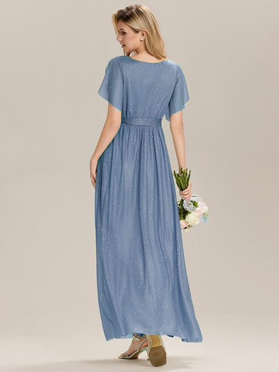 Tie-Waist Diamond Linen Ruffle Sleeve Bridesmaid Dress #color_Dusty Blue