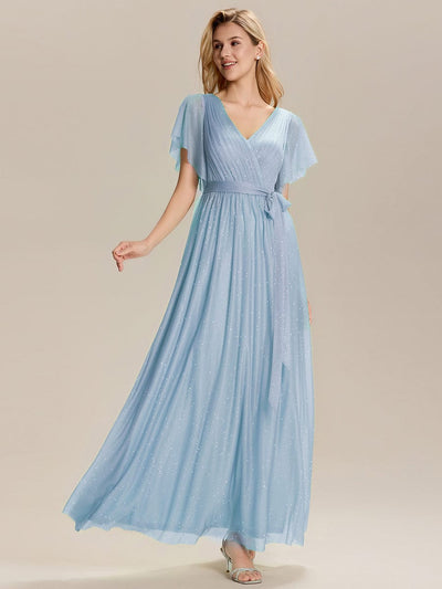 Tie-Waist Diamond Linen Ruffle Sleeve Bridesmaid Dress #color_Ice Blue